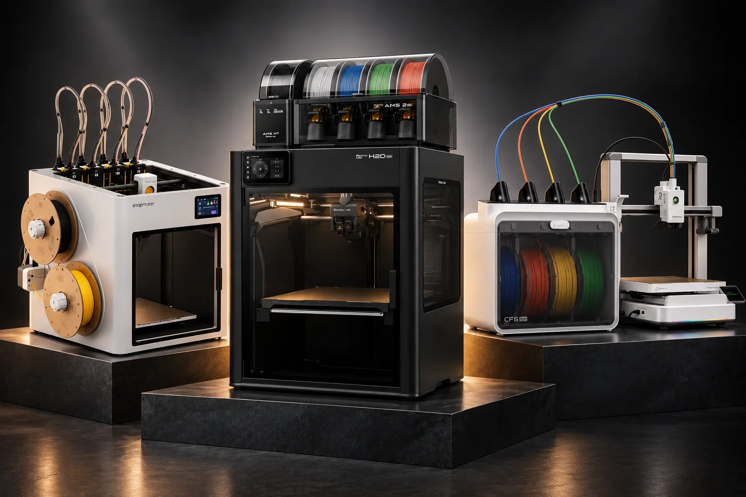 Et utvalg moderne 3D-printere og flerfargesystemer